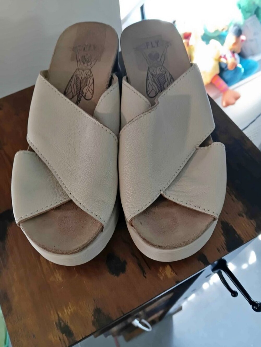 Fly London Women's Cream Cross-Strap Platform Mules